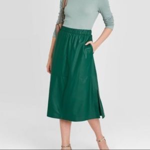 Classy long green pleather skirt great for Christmas